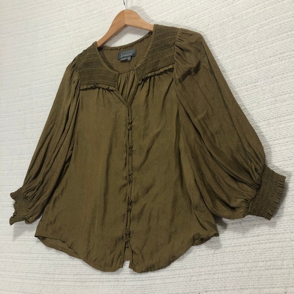 Anthropologie Olive Green Blouse Smocked‎ Button Down Long Sleeve Top M - Picture 1 of 8
